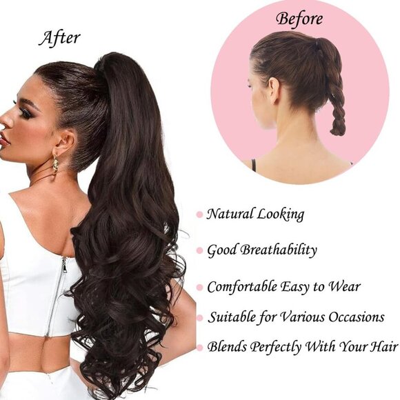 Long Curly PonyTail Hair Extensions 22Inch Light Brown Claw Wavy Ponytail Extens - Picture 5 of 6